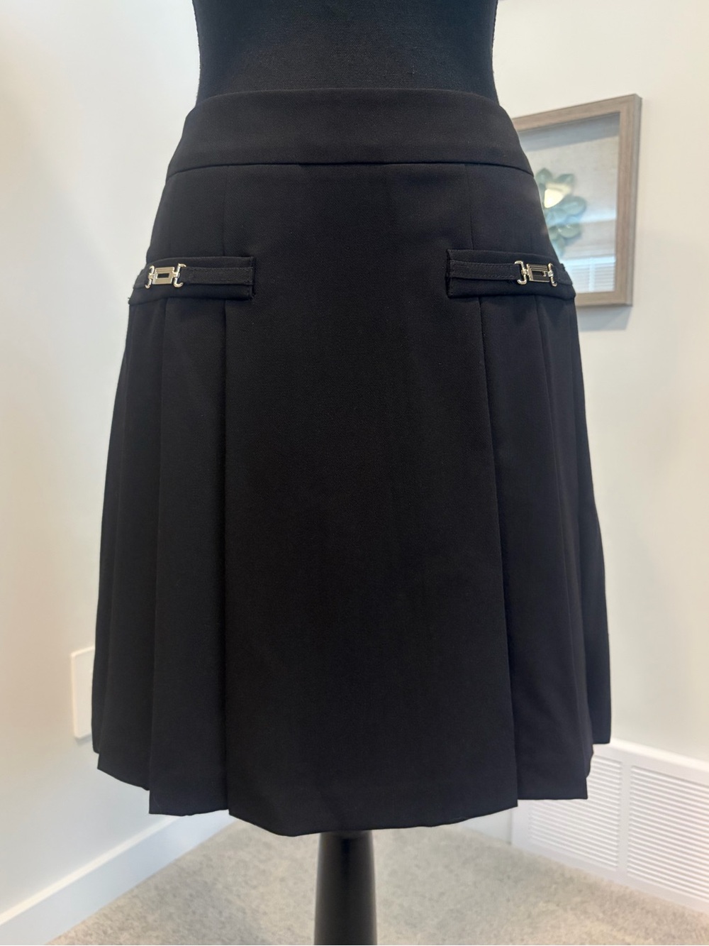 Karl Lagerfeld Black Pleated Skater Skirt with Gold Buckle Accents NWT!